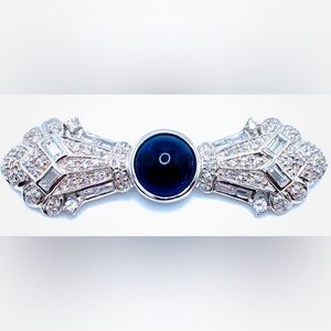 RARE Vtg Hattie Carnegie HC Sterling 925 &CZ Brooch Art Deco Blue Cabochon Stone